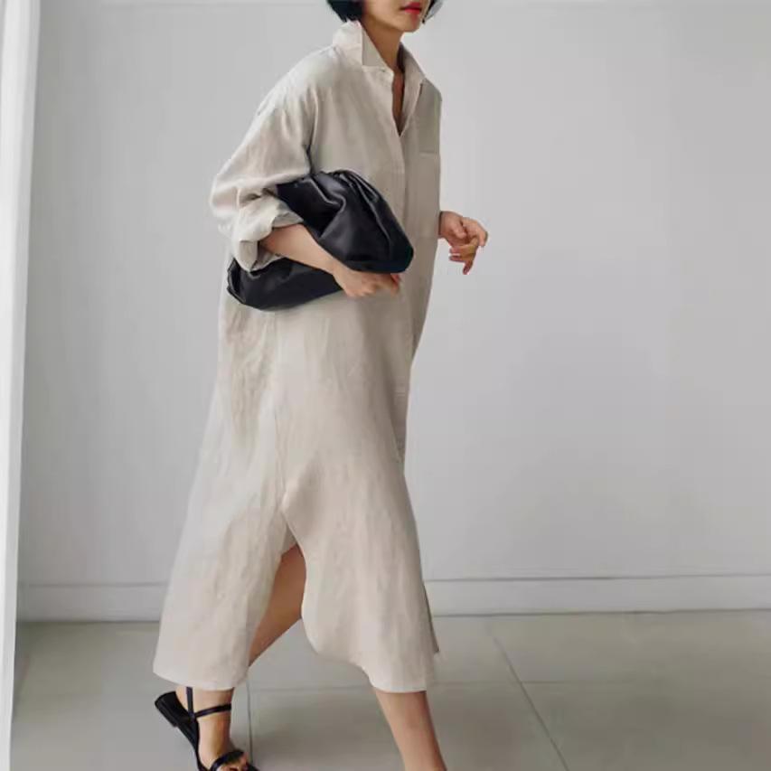 Плюс Размер Лето Женское Хлопковое Льняное Платье Рубашка Элегантный Свободный Кардиган Нерегулярной Формы Однобортный Длинный Рукав Платья