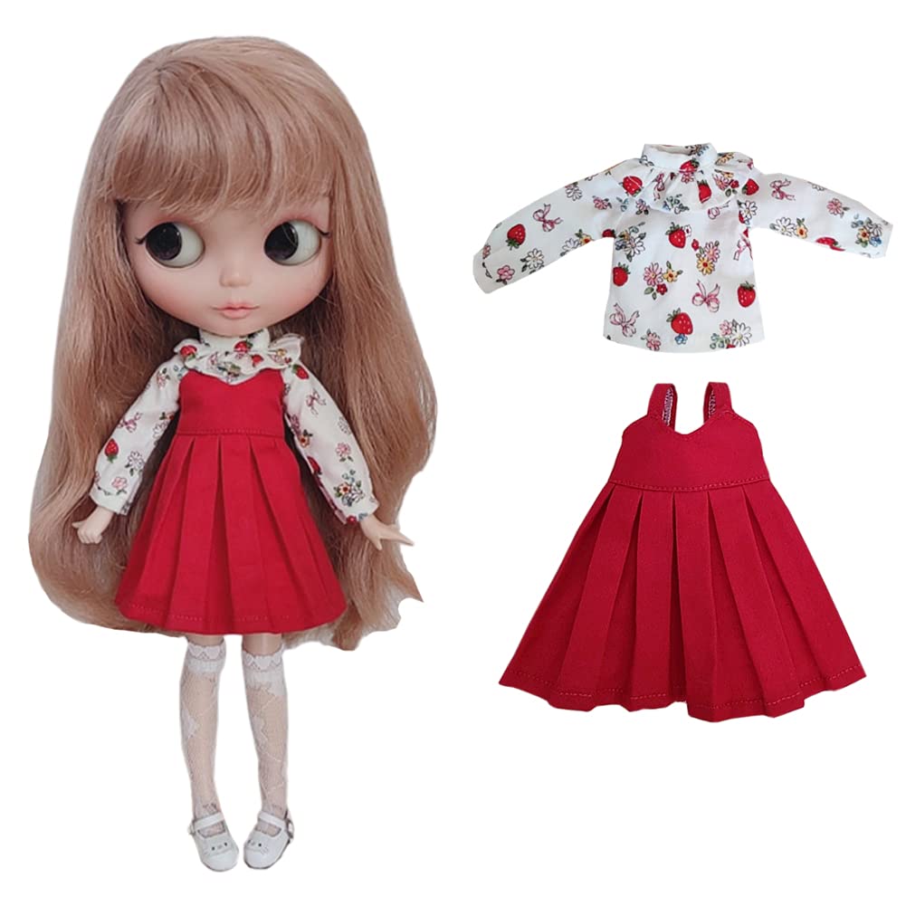Rakulifey Кукла Blythe Наряд Рубашка с длинным рукавом (красный) и Комплект с юбкой на подтяжках (Набор одежды для Neo Blythe, Совместим с Obitsu 24, Комплект из 2 предметов)