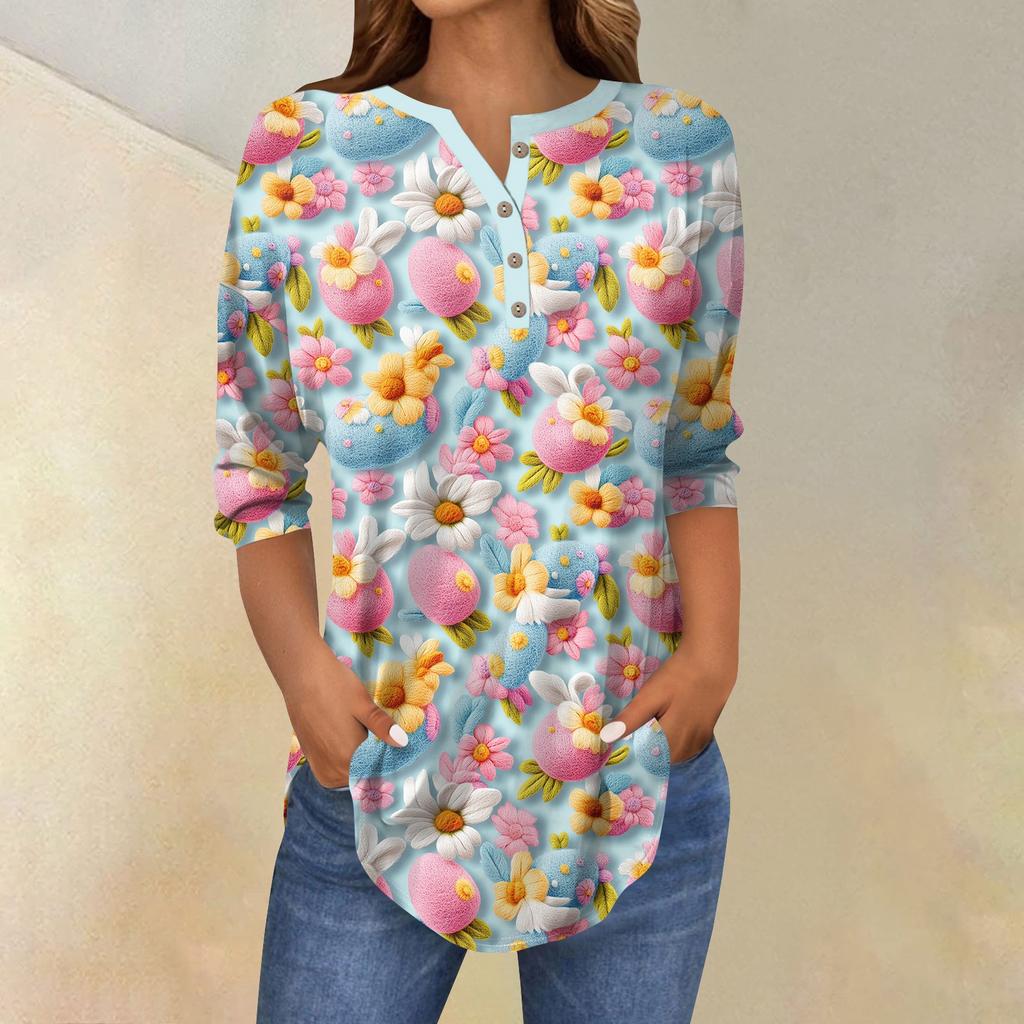 Women's 3/4 Sleeve Easter Egg Bunny Print Button Collar Fashion Casual Top