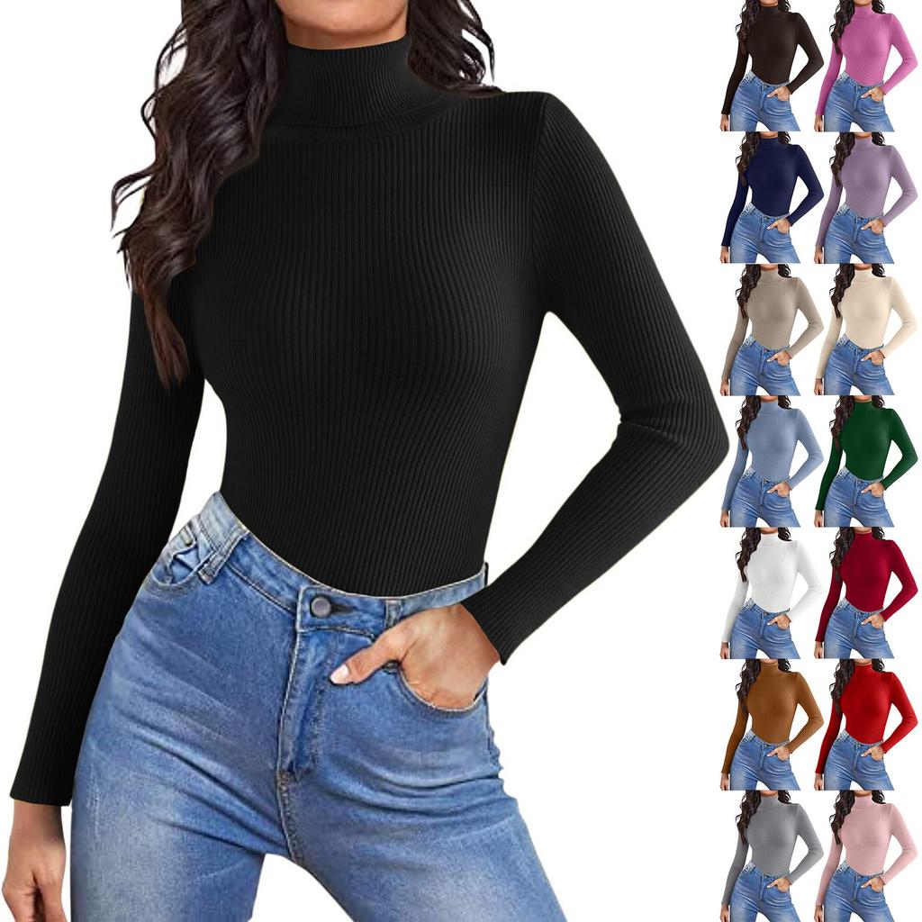Женская модная футболка с высоким воротником, облегающая, с длинным рукавом, пуловер, однотонный топ