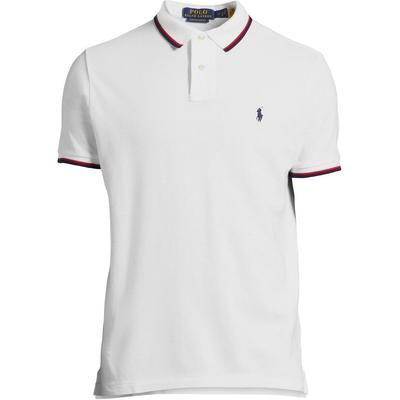 Polo SS22 Однотонная рубашка поло с коротким рукавом и вышитым маленьким логотипом в полоску, мужские топы, белая 710842621-002