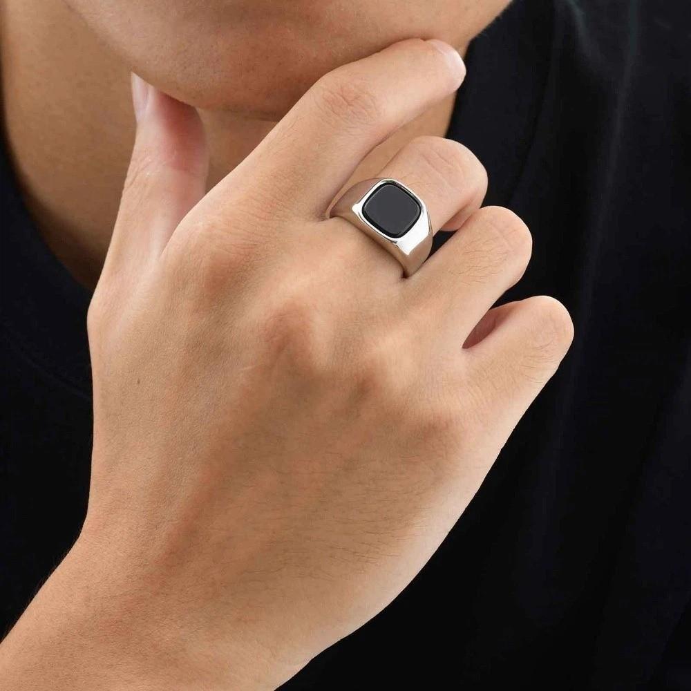 Silver Black Black Stone Square Ring Jewelry Glass Stone Rings Retro Black Rings Men