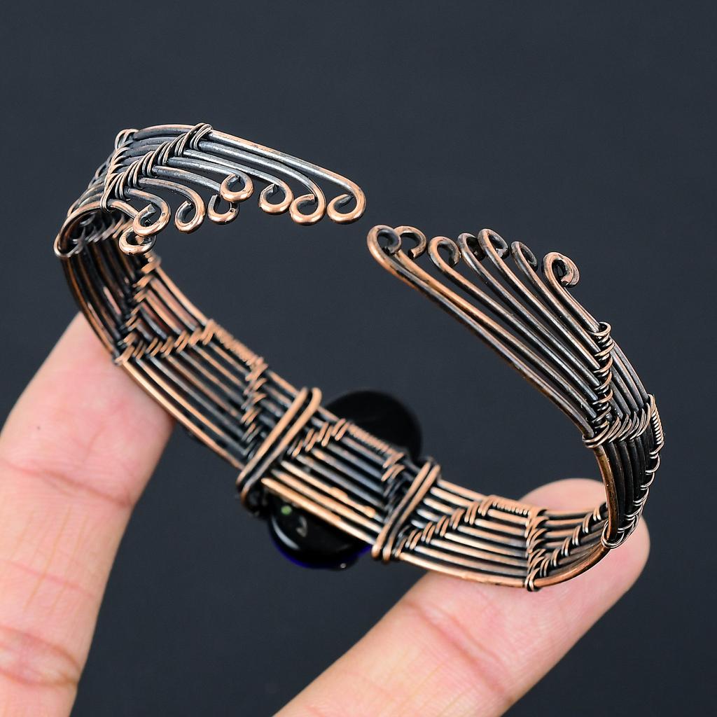 Натуральный синий огненный лабрадорит, драгоценный камень, браслет из медной проволоки, регулируемый O7e47