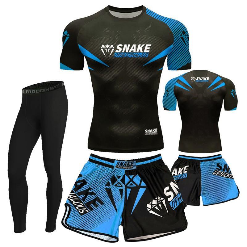 Mens Boxing Training Set Quick Dry Compression Top Shorts MMA Muay Thai Gym Workout