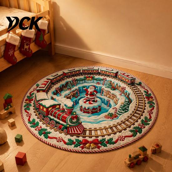 Snowman Pattern Floor Pad 3D Christmas Santa Rug, 24" Round Area Quilted-Look Non-Slip Winter Seasonal Cover Mat, Staircase Rug for Living