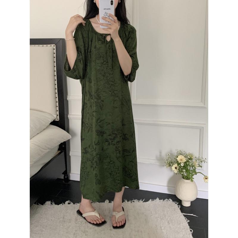 1011 new cotton and silk nightdress women's high-end printing short-sleeved long dress large size thin can be worn outside loungewear