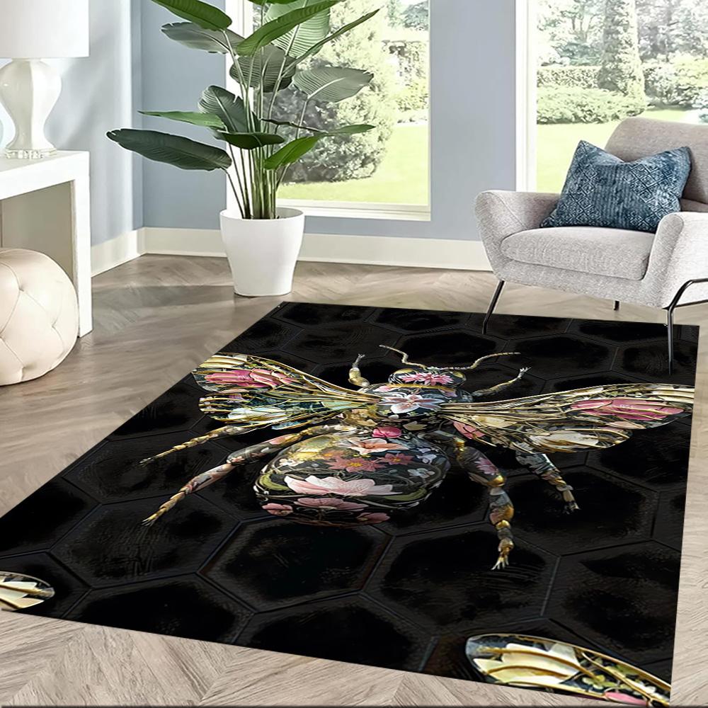 Golden Bees On Black Background Floor Mats for Living Room, Bedroom and Room Decoration Are Suitable for Gifts.