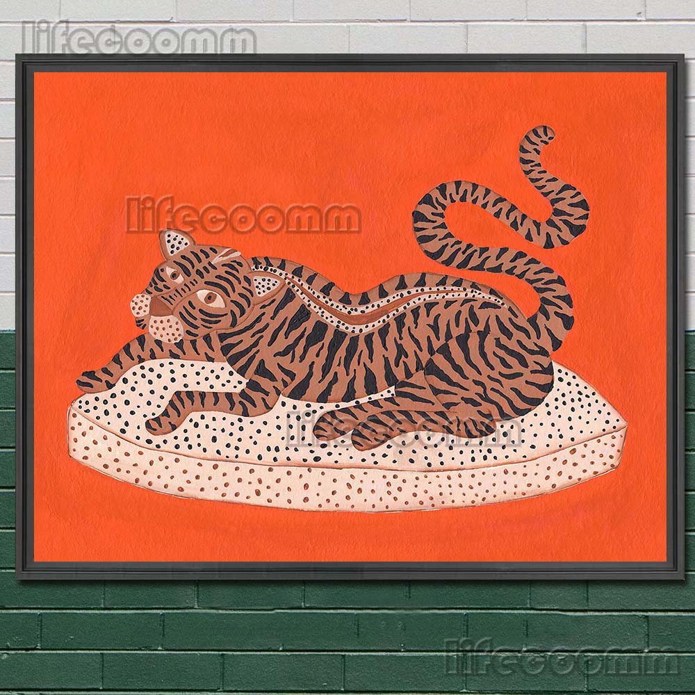 Красный ягуар, журавли и жирафы Современная мода Искусство Печать плакатов Бохо Народное искусство Животные Настенное искусство Холст Картина Украшение дома Без рамки