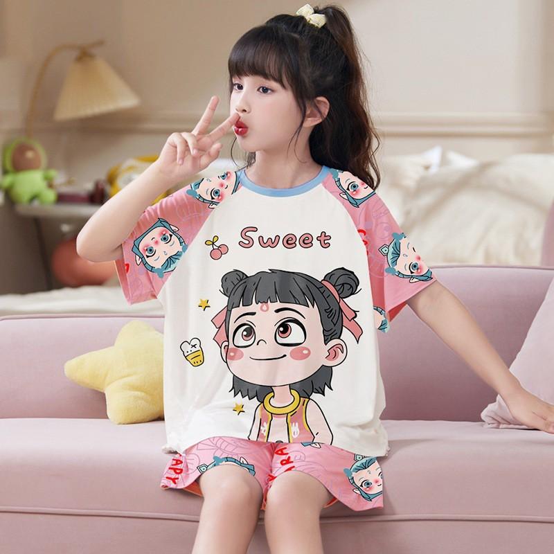 Girls Modal Cotton Pajama Set Short Sleeve Lightweight Sleepwear Cartoon Print Home Outfit Kids