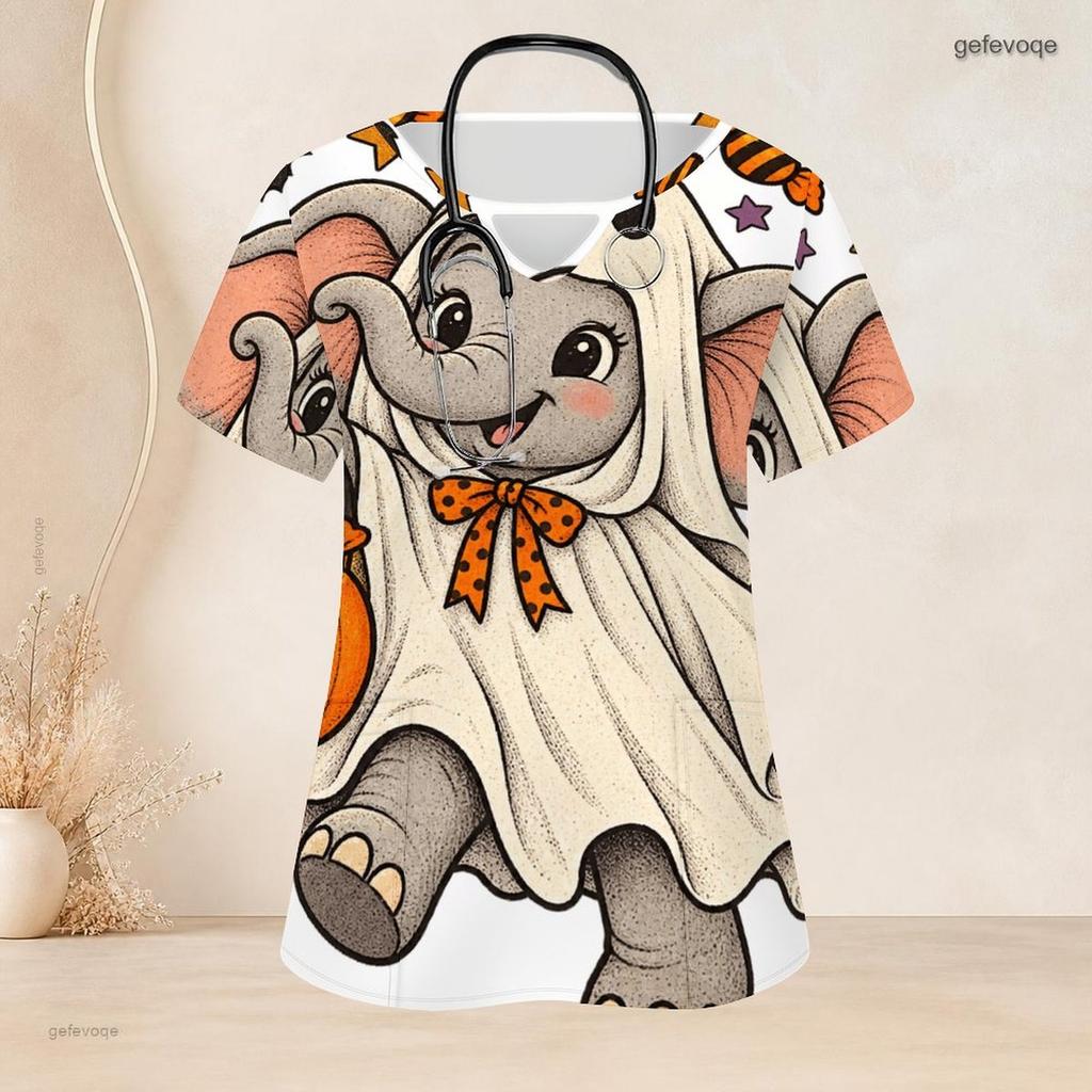 Women Plus Size Keyhole Neck Short Sleeve Scrub Top Cute Chicken Pumpkin Sunflower Print With Front Pockets