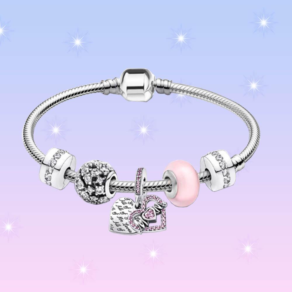 День матери S925 Серебряное Сердце Розовый Висячий Шарм Стеклянная Бусина Змеиная Кость Браслет-Цепочка Набор Ювелирных Изделий Для Женщин Подарки На День Рождения