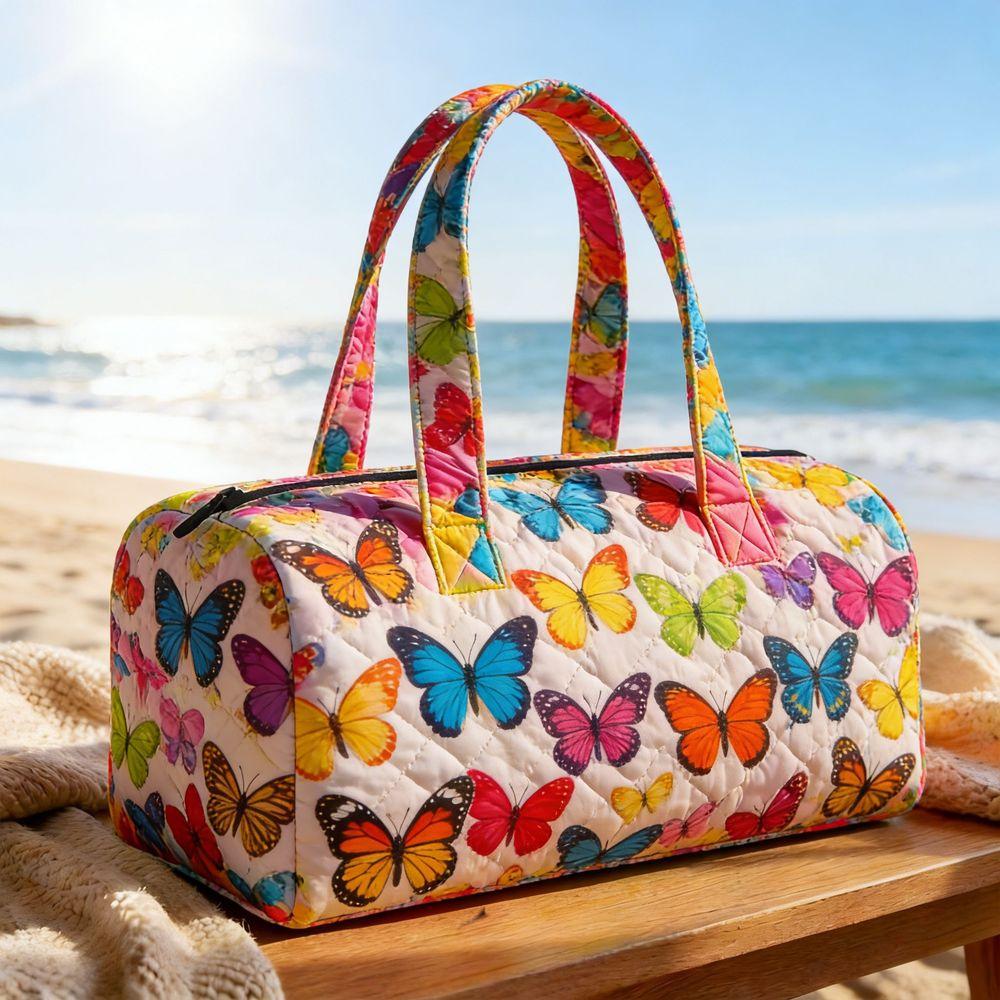 Colorful Quilted Duffel Bag 3D Butterfly Print Travel Handbag Leisure Beach Tote Fitness Bag Bohemian Style Vacation Cruise Camping Bag