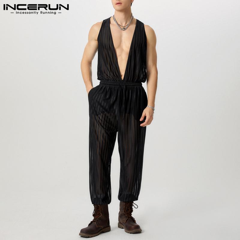 INCERUN Мужской комбинезон без рукавов с глубоким V-образным вырезом, из прозрачной сетки, с кулиской