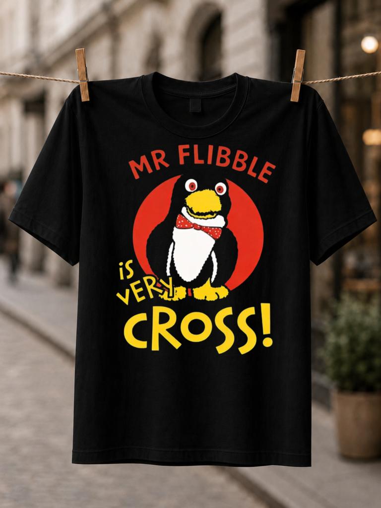 Neutral Tshirt Mr Flibble Very Angry Tshirt Angry Penguin Puppet With Red Tie And Yellow Text Science Fiction Comedy Style Graphic Design