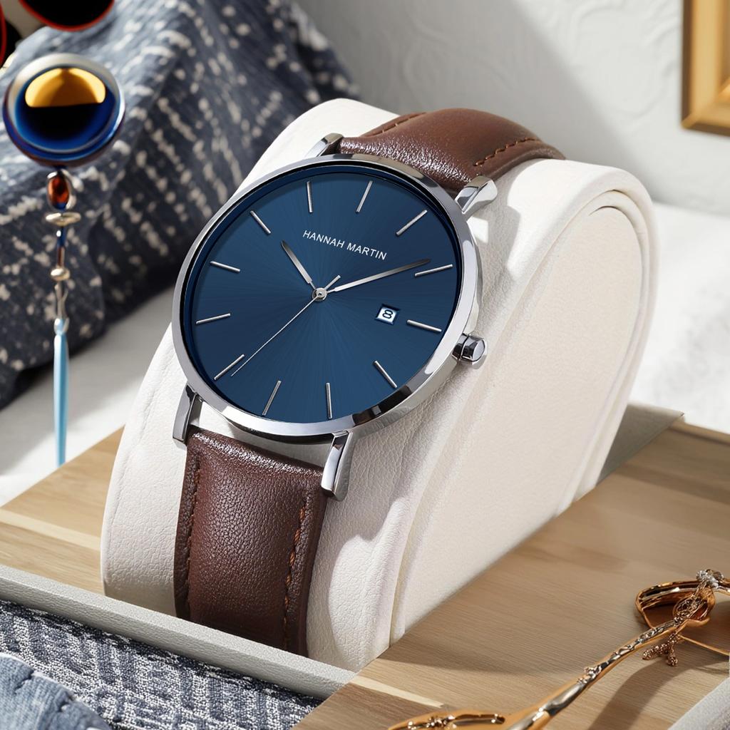 Reloj Men Watch Top Japanese Quartz Movement 40mm Black Leather Business Style Hannah Martin 3Bar Waterproof Sports Men Watches