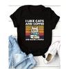 Cat & Coffee Print Cotton T-shirts Casual Crew Neck Short Sleeve T-shirt, Women's Clothing