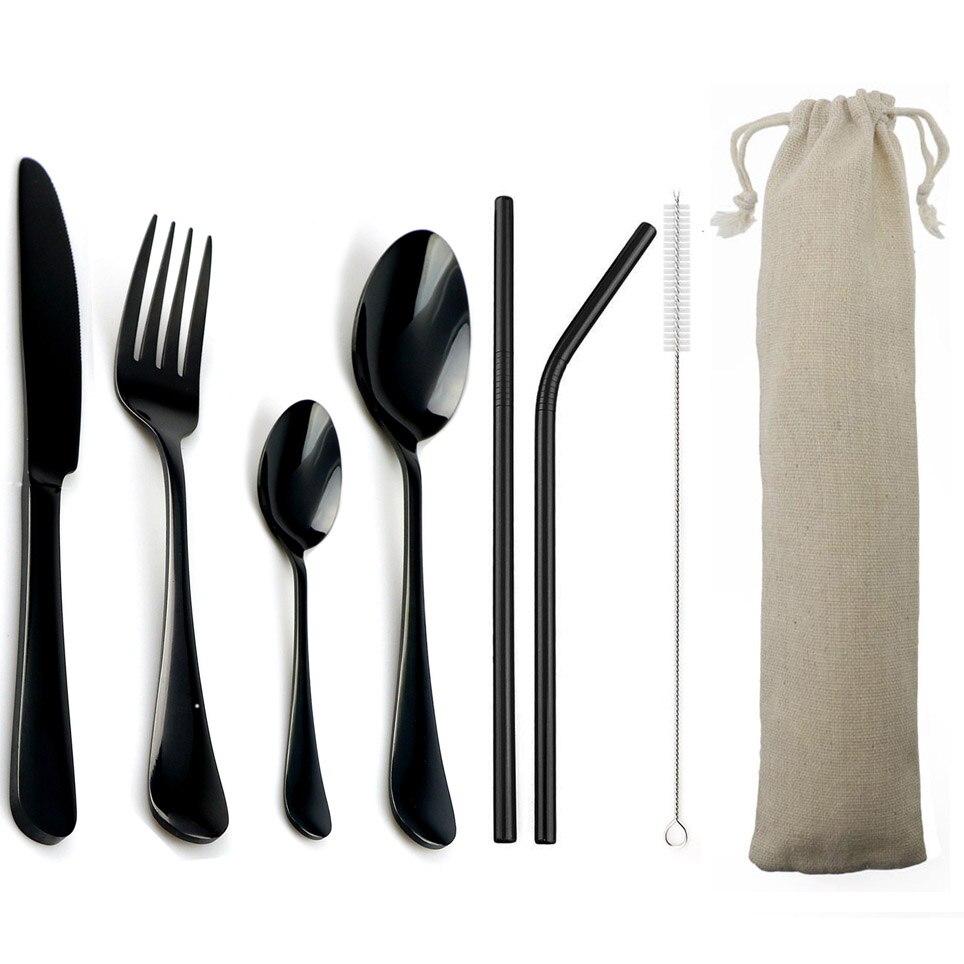 Travel Black Dinnerware Set 8Pcs Cutlery Sets Knives Forks Scoops Stainless Steel Straw Tableware Teaspoon Silverware Set White Bag