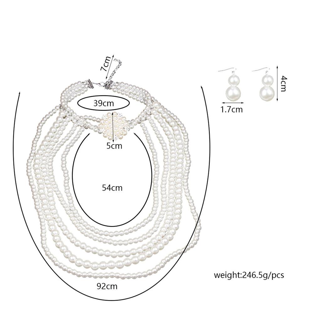 Multi-Layer Exaggerated Diamond-Encrusted Flower Pearl Necklace Earrings Set Women'S Long Sweater Chain