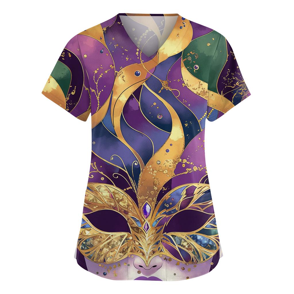 Женский модный рабочий топ с V-образным вырезом, принтом, короткими рукавами, карманом, боковым разрезом, базовый пуловер