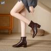 Square Head Short Boots Autumn and Winter New Chelsea Boots Slim Brown Martin Boots Versatile Leather Thick Heel Women's Boots