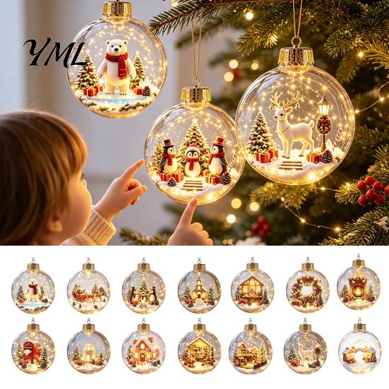 Winter Theme Party Favors Lighted Christmas Ornaments, 3D Miniature Scene Hanging Balls with Warm LED Light, Cute Festive Home Desktop Decorations