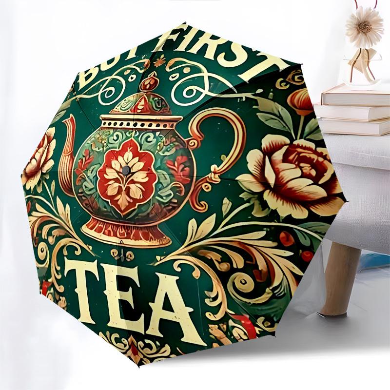 Tea Pot Themed Automatic Opening and Closing Umbrella, Brightly Colored 8 rib Portable Umbrella, Suitable for Men and Women, A Perfect Gift