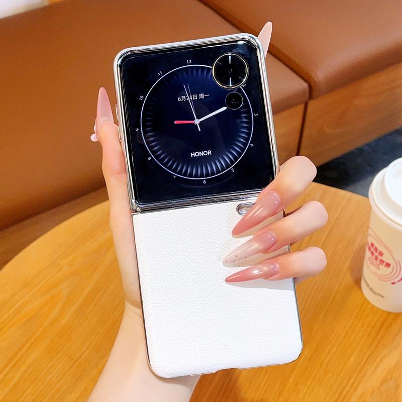 For Honor Magic V Flip 2 Litchi Pattern Solid Color Phone Case PC Hard Shel Plating Frame Protection Solid Color Leather Back Co