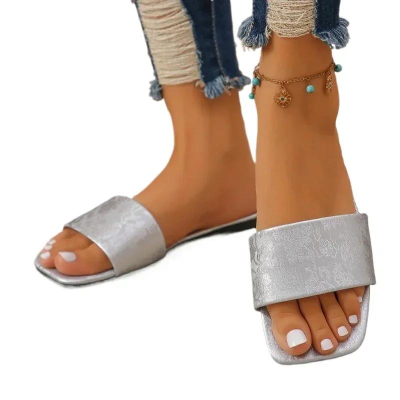 Fashion Shoes for Women Hot Sale Square Toe Ladies Slippers Summer Open Toe Solid Outdoor Casual Beach Large Size Comfortable Slippers