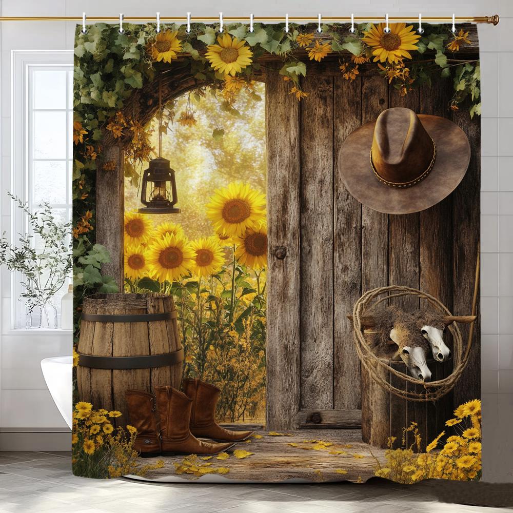 Rustic Farmhouse Garden Cowboy Theme Shower Curtain, Bathroom Decor Shower Curtain, Plants And Flowers Shower Curtain With Hooks