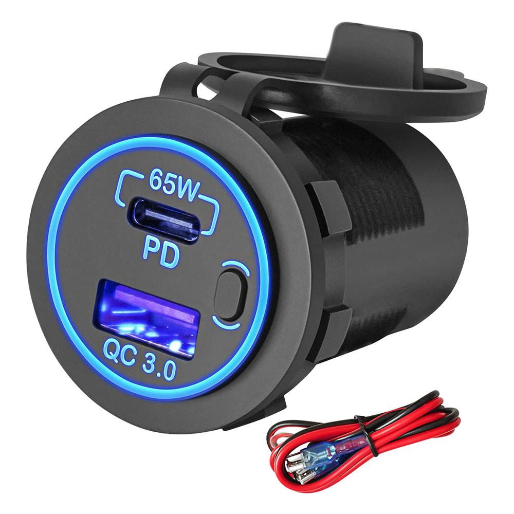 Universal Vehicle USB Charger 12V-24V, 65W PD + QC3.0 Fast Charging Port for Marine, RV, Boat, Motorcycle with LED Display