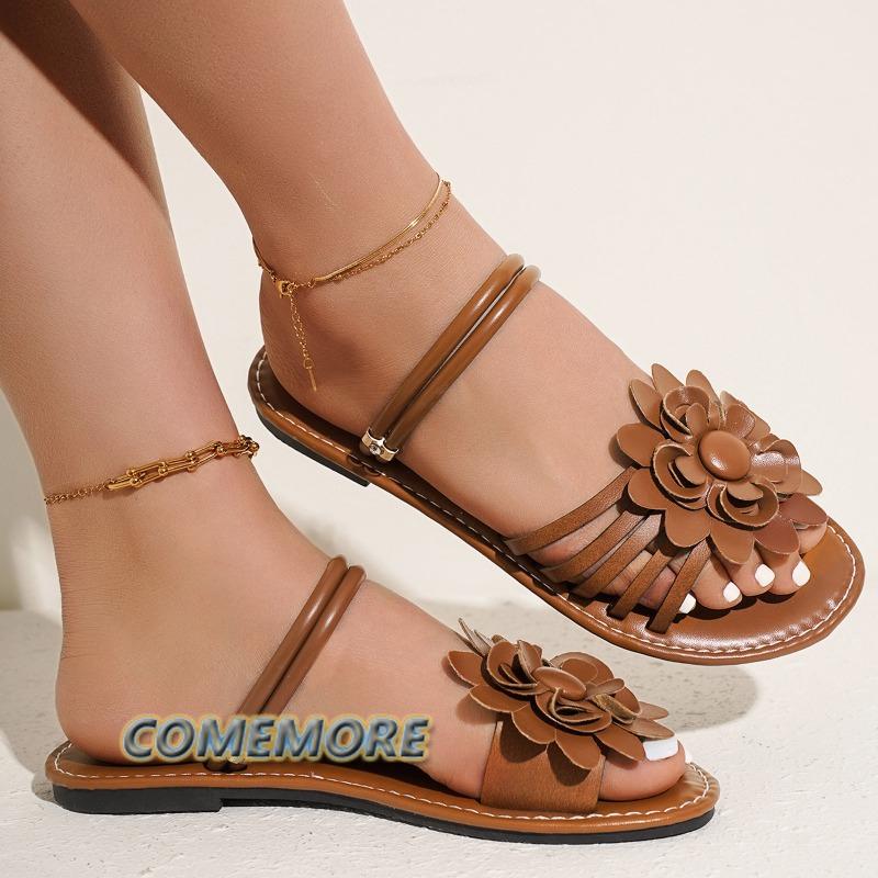Women Flat Sandals 2024 Flower PU Leather Rome Style High Quality Summer Open Toe Solid Ladies Shoes Luxury Slippers Beach Shoes