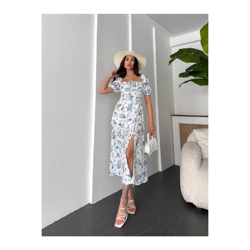 Women's Slit Loose Cut Skirt Collar Tie Detail Short Sleeve Blue Floral White Summer Dress