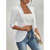 Women's White Lace Short Sleeve Blazer Jacket with Blue Denim Jeans Outfit Set