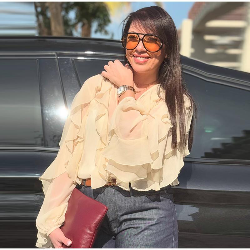 Модные женские рубашки с оборками, свободные, сексуальные, с V-образным вырезом, однобортные, с рукавами-фонариками, блузка 2025 года, весна-лето, женские уличные однотонные топы