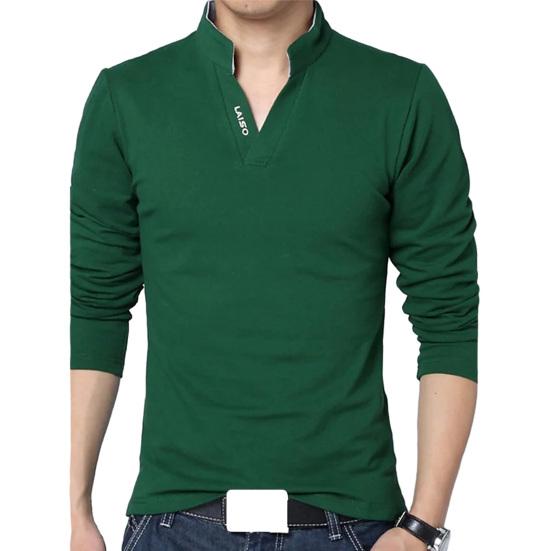 Мужская весна-осень футболка с воротником-стойкой, v-образным вырезом и длинными рукавами, мягкий приталенный однотонный мягкий дышащий мужской топ средней длины в деловом стиле
