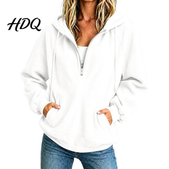 Свободная женская толстовка с капюшоном на молнии quarter zip из флиса, оверсайз, с длинным рукавом, универсальный верх для многослойности, капюшон на шнурке, карман-кенгуру,