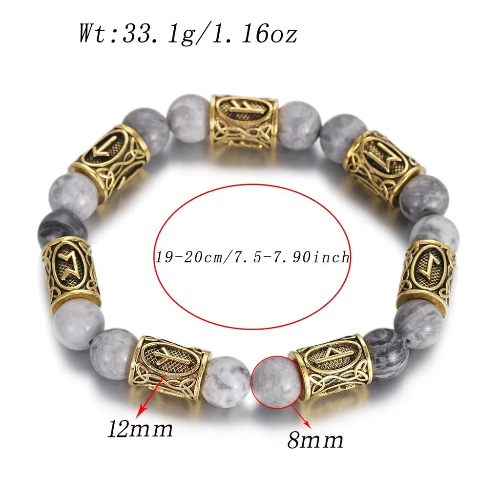 Классический золотой браслет с рунами викингов, 8 мм, из лавового камня, ручная работа, эластичное украшение для женщин и мужчин.