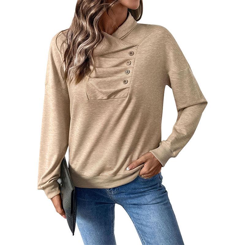Baifen Zhiyi 2025 Casual Irregular Button Stand Collar Solid Color Hoodie