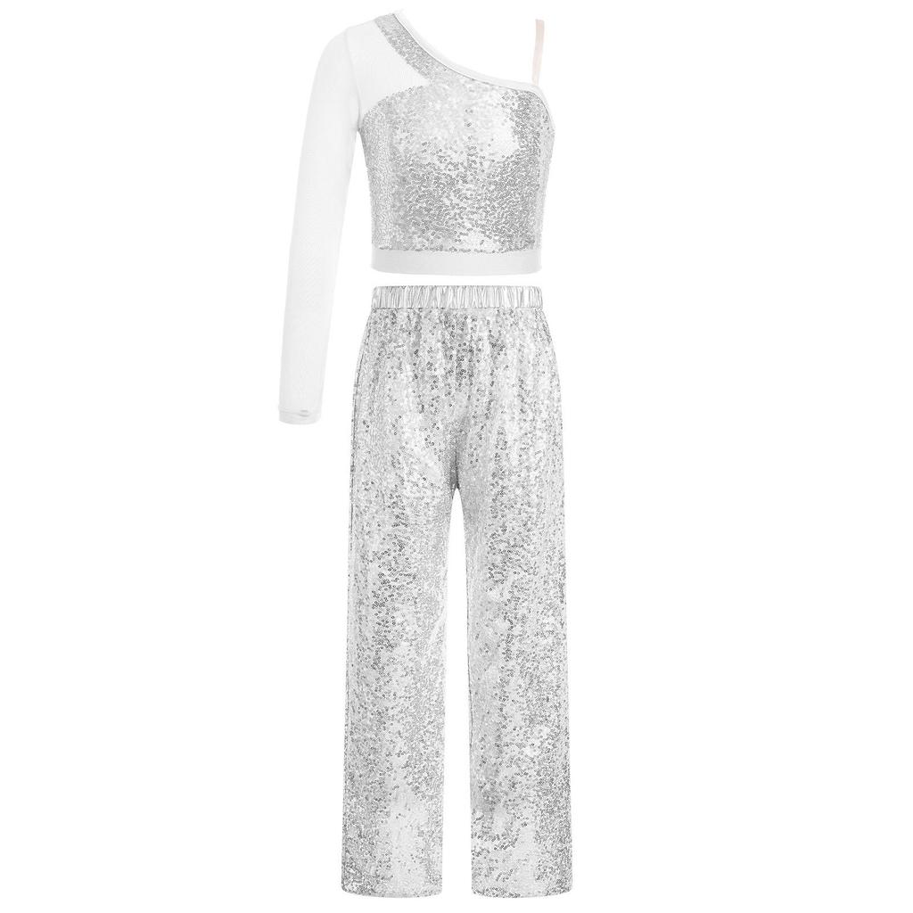 Girls Sparkly Dance Outfit Sheer Mesh Long Sleeve One Shoulder Crop Top