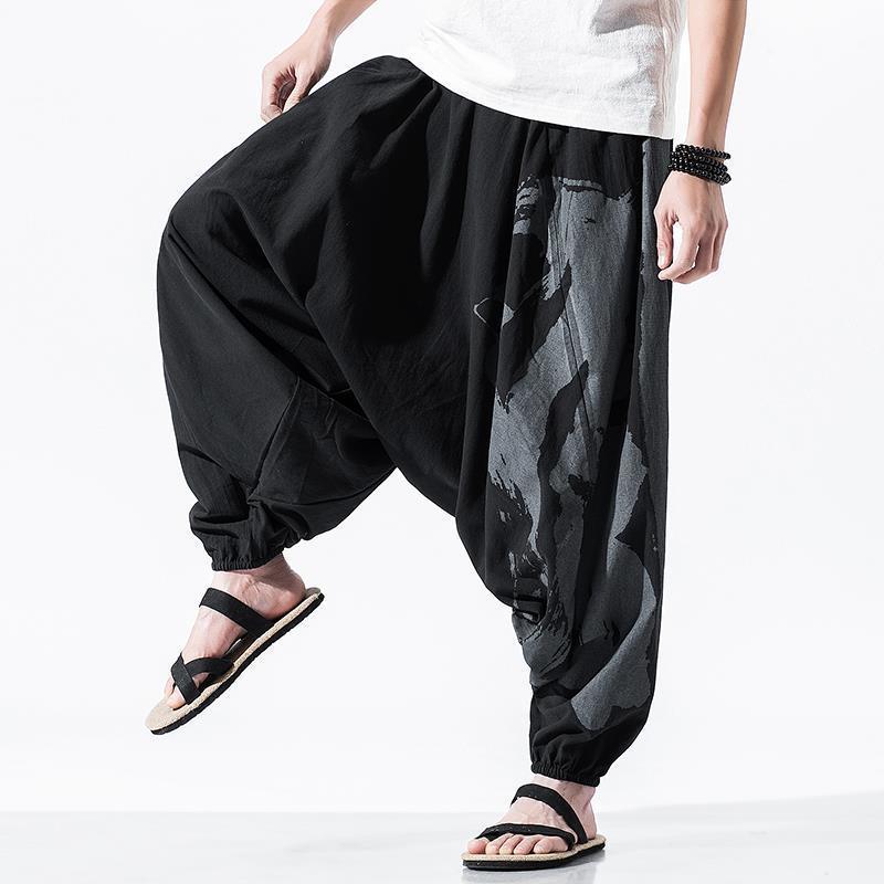 Men's Buddha-Style Loose-Fit Cotton & Linen Pants - Low Crotch, Nine-Point Baggy Japanese Design, Plus Size Available