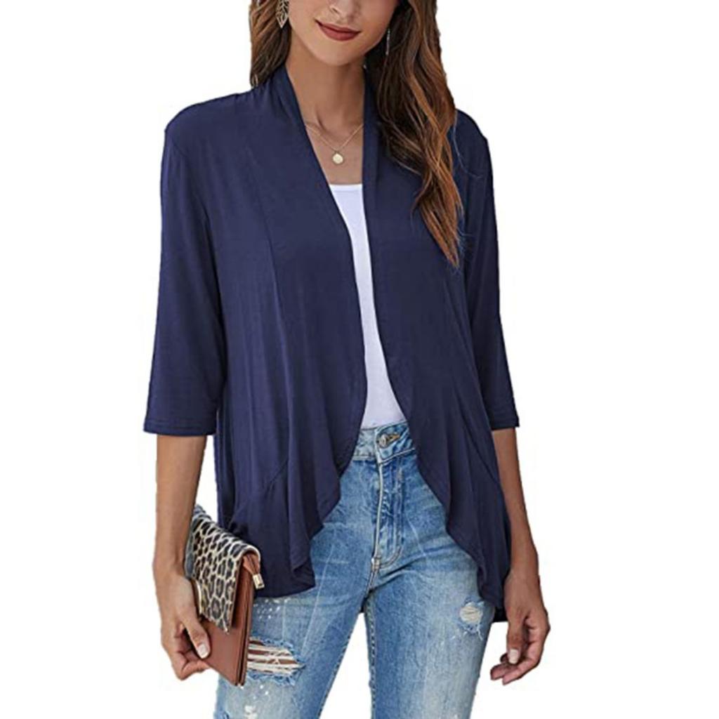 Fall Women's Solid Color Open Front Cardigan Jacket Three Quarter Sleeve Ruffle Trim Top for Leisure Outfits