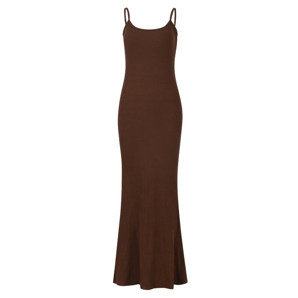 Spring Summer New Fashion Solid Color Round Neck Long Sleeve Slim Long Dress Suspender Dress Two In One Corset Bodysuit Dress
