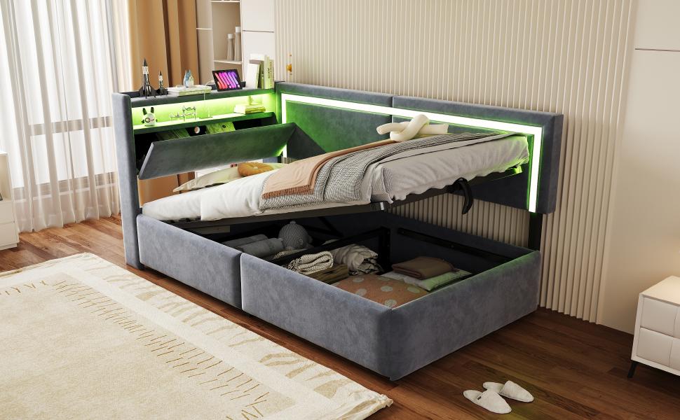 Upholstered Sofa Bed 90x200 cm With LED Lighting and USB Charging Ports. Headboard Opens Storage. Hydraulic Storage Under Bed, Velvet Fabric Dark Grey