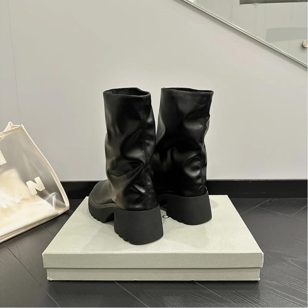 Короткие сапоги на платформе женские 2024 осень и зима новые водонепроницаемые сапоги на платформе универсальный дизайн Sense кожаные женские сапоги обувь