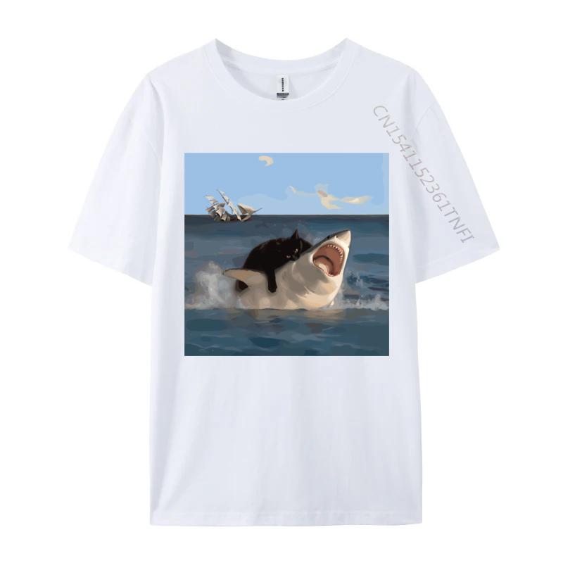 Cat Biting Shark Funny Art and Cat Lover Funny Cat and Shark Printed Cotton Unisex Tops Shirt Normal Hip Hop 2026 Summer TShirt