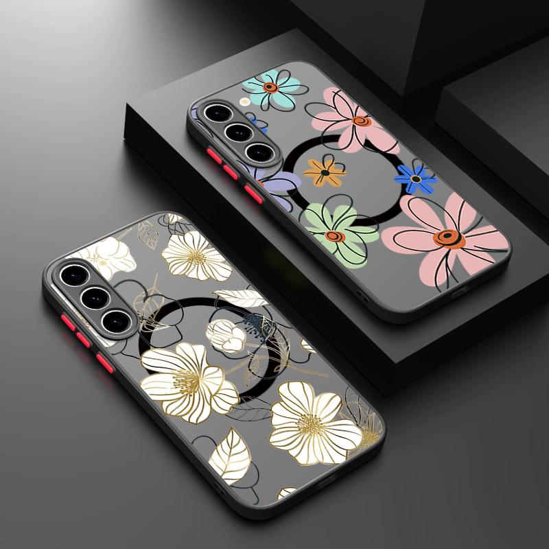 Магнитный чехол для телефона с принтом «Цветы» для Samsung Galaxy A37 A17 A56 A36 A55 A35 A26 A16 A25 A15 A54 A14 Акриловая задняя крышка