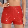 Women Shorts High Elastic Waist Shiny Sequin Solid Color Straight Slim Fit Soft Breathable Above Knee Length Club Party Beach Mini Shorts