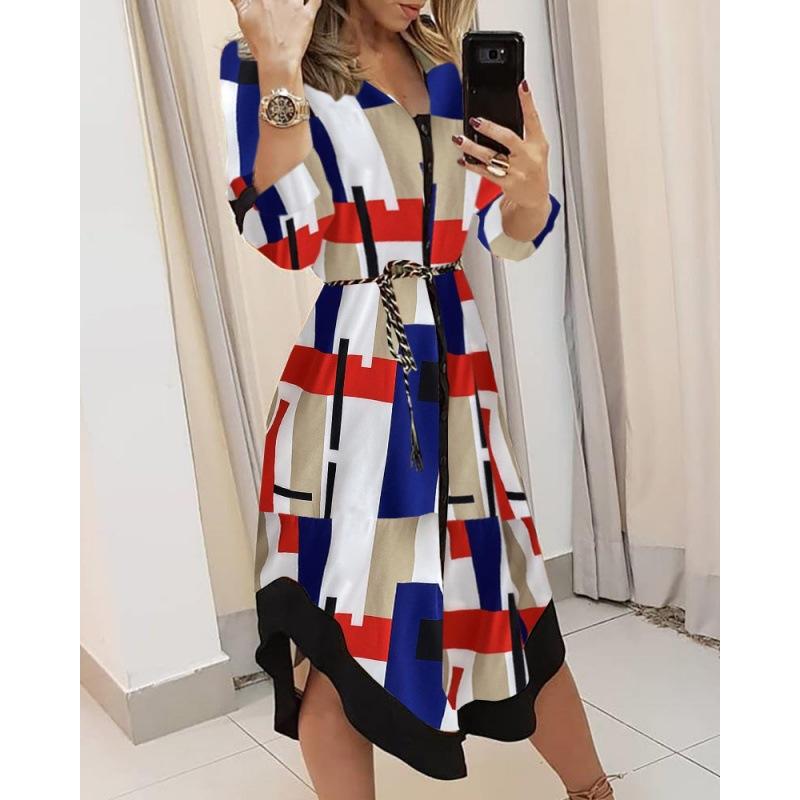 Multi-color Waist Tie Dress European and American Style Slimming Mid-Length Printed Dress Multiple Patterns Available