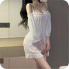 On the Sexy Pajamas Lingerie Babydoll Cosplay Mini Skirt Loungewear Camisole Dress Gown Bra Set for Women [Thoughts Wind] T-back (White)
