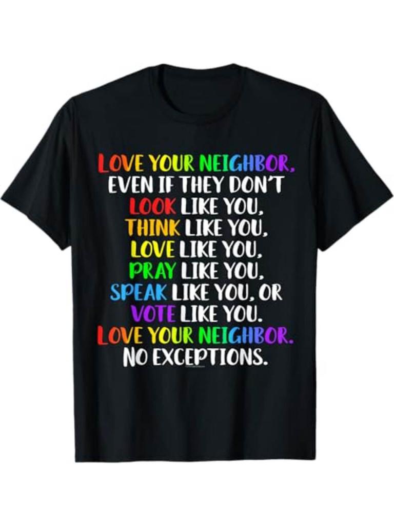 Men's Black Short Sleeve T-Shirt, Love Your Neighbor Graphic Print, Casual Crew Neck Tee, Funny Quot